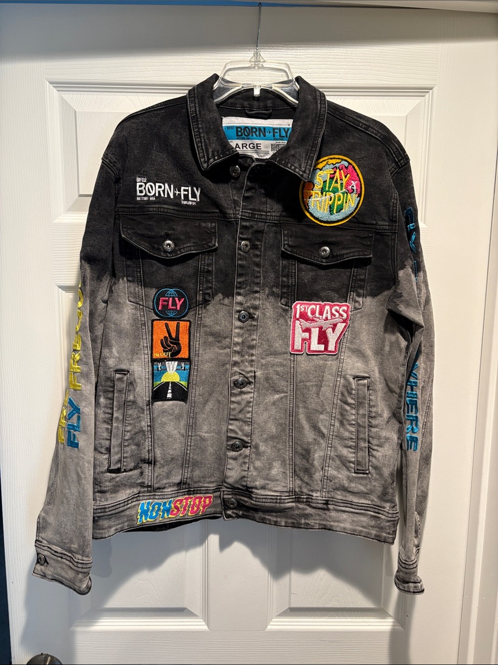 Born To Fly Men’s Denim Black Jacket Sz Large.